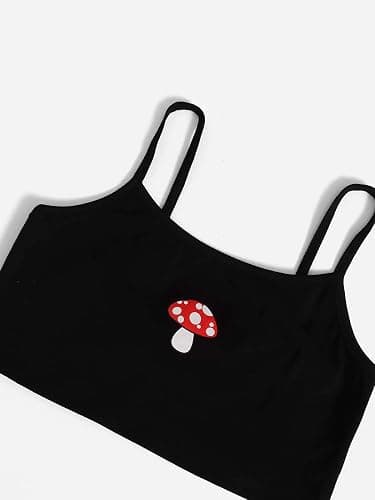 OYOANGLE Girl's 2 Piece Outfits Sleeveless Mushroom Cartoon Print Embroidery Round Neck Shirt Top and Sweatpants Pants Sets thumbnail 4