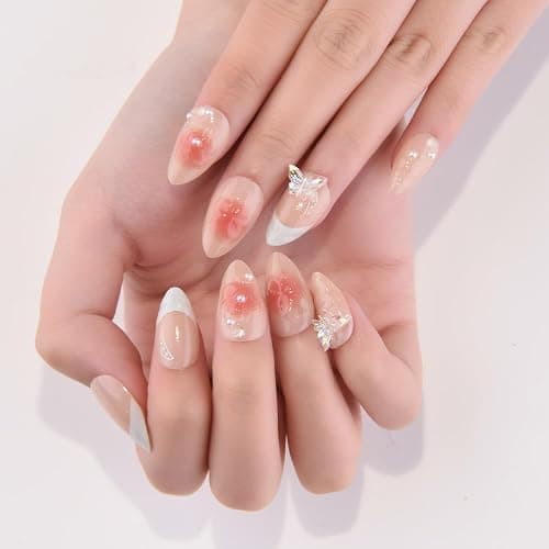 evpct 3D Nude Pink Handmade Press On Nails Almond Short, 3D Flower Butterfly Design Fake Nails Rusable for Spring & Summer Daily Wear, False Acrylic Nail with Glue Press ons Nail for Women Gift 30Pcs thumbnail 2