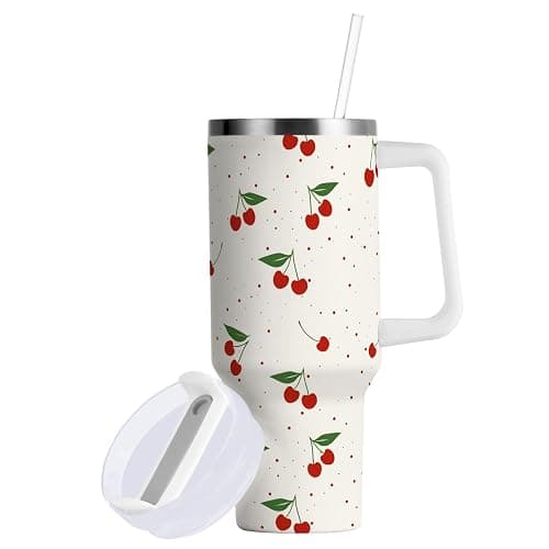 KUEJOP Cherry Print Pattern Stainless Steel Tumbler with Handle and Straw, Water Bottle Reusable Insulated Travel Mug, 40 Ounces thumbnail 4