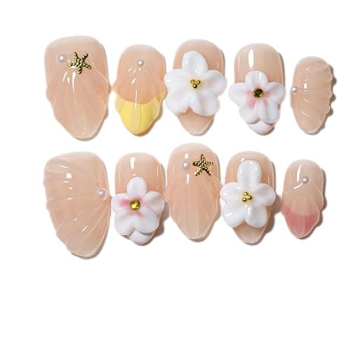10 Short Almond Handmade Press On Nails | 3D Floral Gradient Color with Cute Starfish & Seashell,New styles for Spring & Summer | Skip Salon Trips, Easy to Apply & Remove, Reusable (Ocean A04, XS) - Image 1
