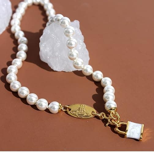 Gold Saturn Necklace for Women - Enamel Padlock Pendant with Pearl Chain, Punk Style thumbnail 2