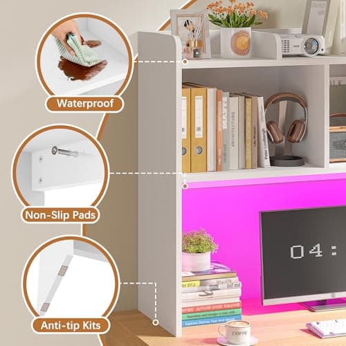 REIBII Desk Hutch Dorm for Computer Monitor Up to 27", Dorm Desk Hutch Top Only with RGB Light Strip, Wooden Desktop Bookshelf with 6 Shelves, 3-Tier Desktop Shelf for Home Office Dorm, White thumbnail 5