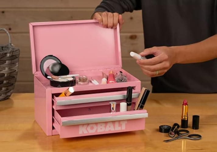 Mini 2-Drawer Steel Tool Box, Pink, Portable Storage with Magnetic Locking, Aluminum Trim thumbnail 2