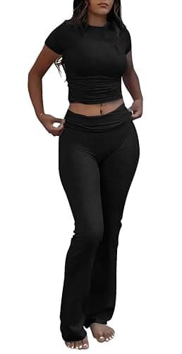 AYWA Women's 2 Piece Lounge Sets Short Sleeve Crop Top Foldover Flare Pants Casual Pajama Outfits - Image 1