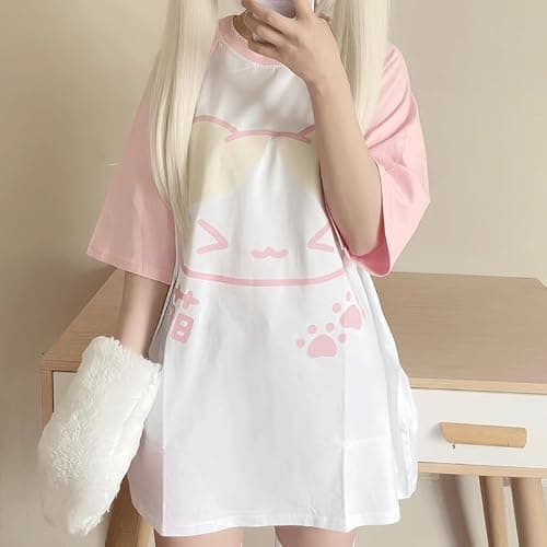 RILGOU Harajuku Kawaii Crewneck Cartoon Graphic Cute Kitty Print T-Shirt | Cutecore, Vintage Casual Style, Streetwear, Athleisure, Cotton Materials, Loose Fit, Raglan Short Sleeve, For Daily Wear thumbnail 7