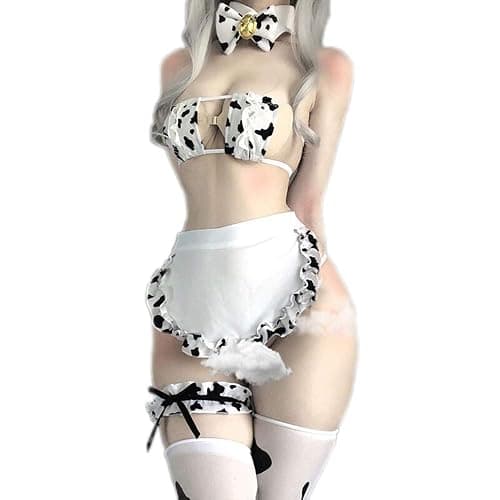 paloli Womens Anime Cow Cosplay Bikini Lolita Kawaii Bra and Panty Set Japanese Underwear White Stocking - One Size - Milk Set-3 - Image 1