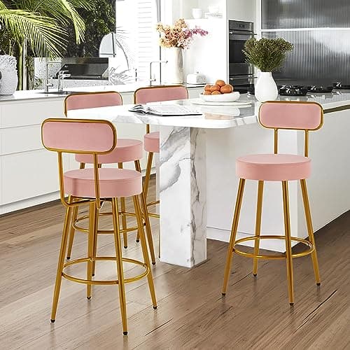 Yaheetech Velvet Barstools, 26'' Counter Height Velvet Stools for Kitchen Counter with Backrest and Footrest, Modern Gold Barstools, Pink, Set of 4 thumbnail 2