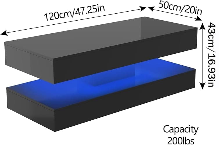 Uspeedy 47.3in Large High Glossy LED Coffee Table with 2 Storage Drawers,Black/White Modern Coffee Tables for Living Room,Living Room Tables,APP LED Lights (Black) thumbnail 2