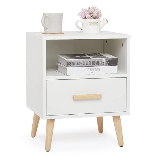 Mondeer Nachttisch, Nachtschrank mit 1 Schublade und 1 Offenem Fach, Holz Modern Nachtkommode mit Massivholzfüßen, Beistelltisch für Schlafzimmer Wohnzimmer, 40 x 35 x 51cm, Weiß - Image 1