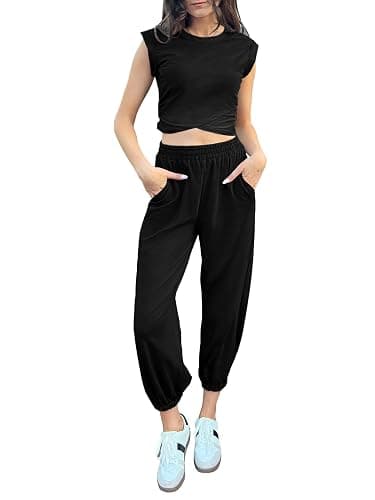 Glamaker Women's Two Piece Athletic Sets Casual Workout Sleeveless Cropped Tops High Sweatpants Joggers Tracksuits thumbnail 2