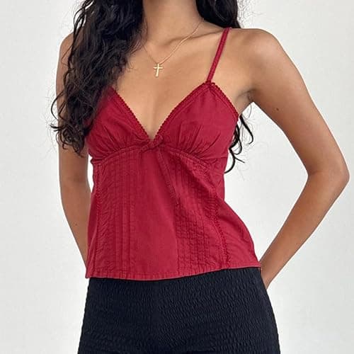 Women Y2k Babydoll Tank Tops Lace Trim V Neck Crop Cami Spaghetti Strap Peplum Top Summer Cute Aesthetic Flowy Shirts thumbnail 2