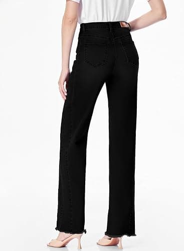 Sidefeel Women's Wide Leg Jeans High Waisted Strechy Raw Hem Zimbaplatinum Denim Pants thumbnail 2