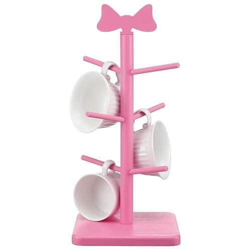 DoubleFill Pink Coffee Cup Holder Bow Mug Tree Pink Kitchen Coffee Bar Accessories Decorative Wooden Cup Holder with 6 Hooks Coquette Mug Rack Stand Cute Decor for Wedding Home Countertop Organizer - Image 1