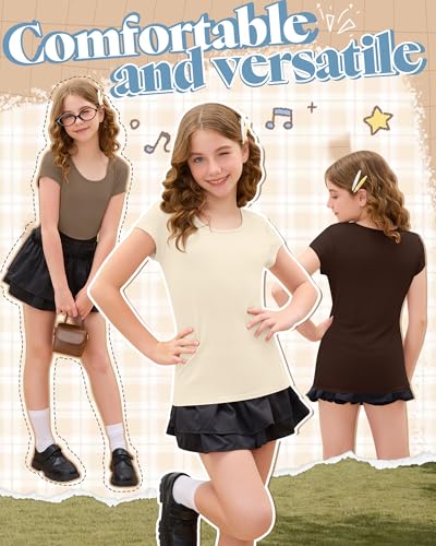 Oakgarden 4 Pack Girls Short Cap Sleeve T Shirts Scoop Neck Tops Kids Casual Slim Basic Summer Tees 5-14 Years(Brown, Cream, Coffee, Black,9-10 Years) thumbnail 3