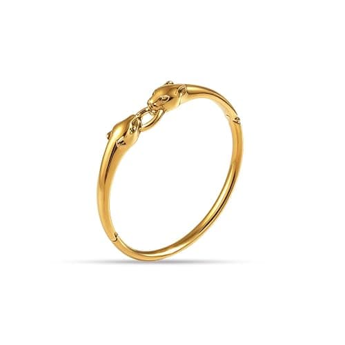 GOLD TROVE Stainless Steel Animal Head Bangle Bracelet for Women | Gold Plated Panther/Leopard Design Hinged Cuff | Polished Non Tarnish Fashion Jewelry Gift for Her - Image 1