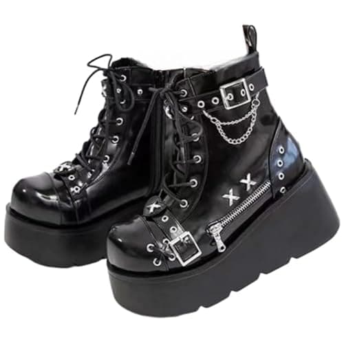 Cute Emo Shoes Goth Black with Metal Charms Chunky Platform Comfy Non Slip Lightweight Softy Casual Plus Size Boots Punk Kawaii Pretty Retro Trendy Gifts for Women & Girls Spring Streetwear Rave - Image 1