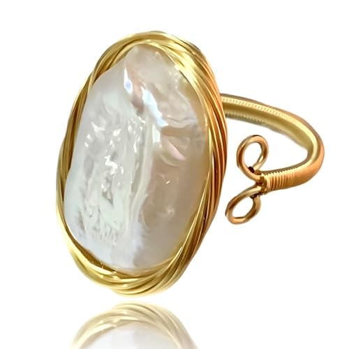 Andaxe Handcrafted Baroque Pearl Ring Winding Design Opening Adjustable 14k Gold Plated Material,White - Image 1