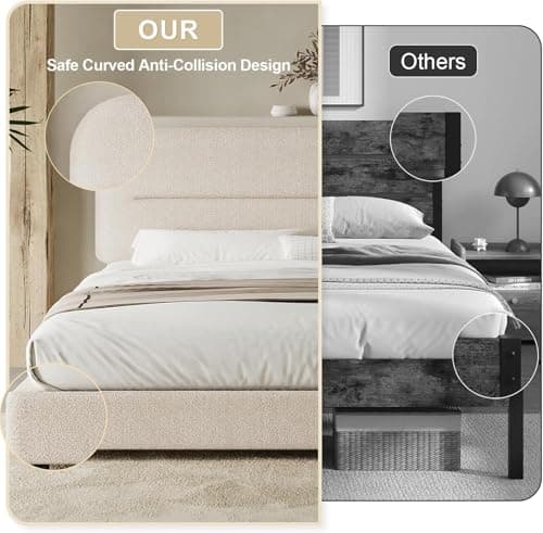 HOMBCK Bed Frame Queen Size, Boucle Upholstered Platform Queen Bed Frame with Headboard, Soft Headboard with Rounded Corners Design, Wood Slats, No Box Spring Required, Easy Assembly, Beige thumbnail 5