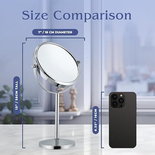10X Magnifying Makeup Mirror on Round Stand for Tabletop, Bedroom Vanity Desk and Bathroom Counter - Free Standing Double Sided 10X/1X Magnification Mirror - 7" Wide and 14" Tall (Chrome) thumbnail 2
