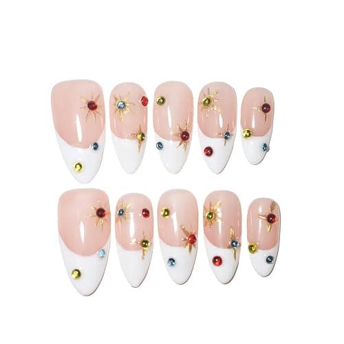 Handmade Medium Almond French Press On Nails,Reusable&Salon Quality(L05, S) | 10Pcs Daily & Party Fake Nails | Easy Apply & Remove | Press Ons with Nude Gradient Cat's Eye,Pearl Bow,Sparkling Rhinestones - Image 1
