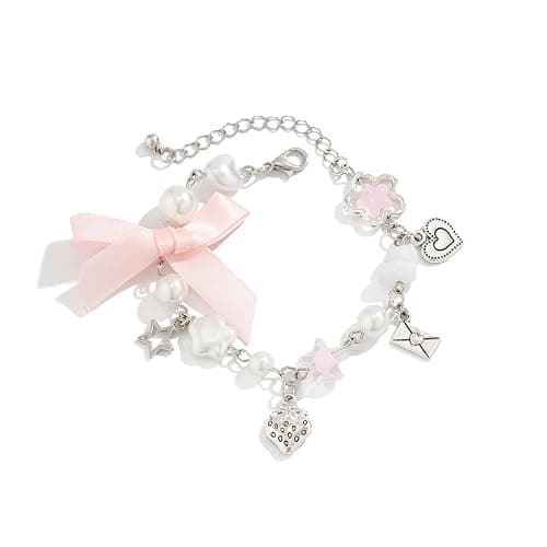 1/2Pcs Set Y2K Star Pearl Heart Crystal Chain Adjustable Aesthetic Bracelet Grunge Gift for Women Jewelry Gifts Punk Gothic Link Dainty Bracelet Resin Transparent Star Ribbon - Image 1