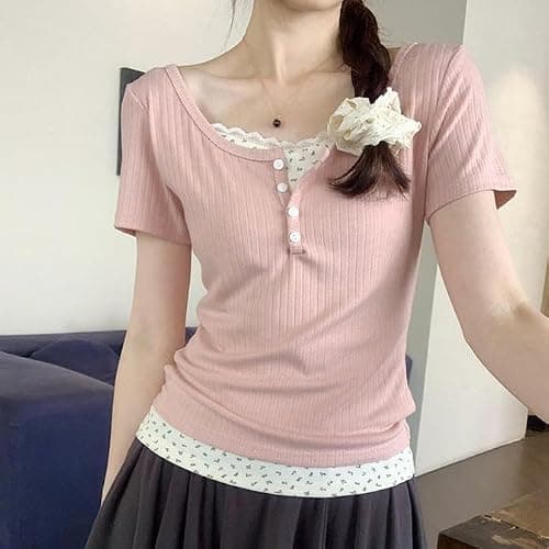 Women Lace Trim Y2K Cute Tshirt Coquette Floral Summer Ribbed Knit Crop Top Fairycore Baby Tees Cottagecore 90s Shirt thumbnail 3