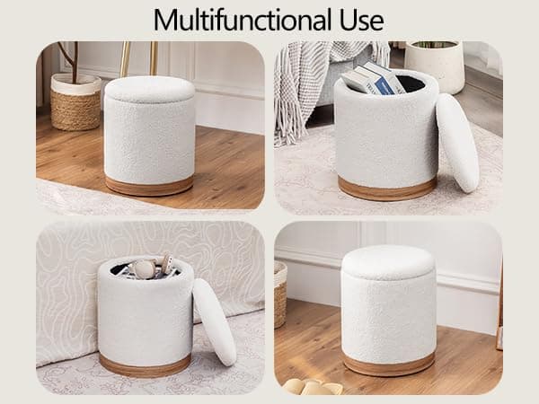 Joveco Round Storage Ottoman with Removable Lid, Boucle Small Upholstered Padded Vanity Foot Rest Stool for Living Room, Bedroom, Dorm, White with Oatmeal Wood Grain Trim thumbnail 6