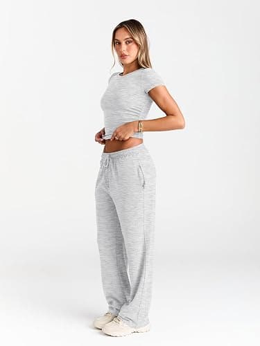 Trendy Queen 2 Piece Matching Summer Sweatsuit Lounge Set Womens Wide Leg Pants Side Ruching Crop Top Sets - Oatmeal Grey - Small thumbnail 3