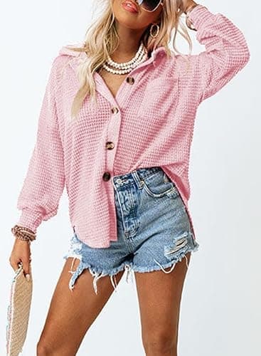 Dokotoo Womens Waffle Knit Shacket Jacket Casual Long Sleeve Button Down Shirts Dressy Blouses Tops thumbnail 5