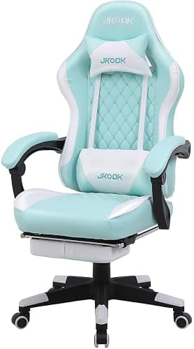 JKOOK Gaming Chair with Footrest, Multifunctional Desk Chair with Linkage Armrest, PU Leather, Video Game Computer Chairs with Lumbar Support, Study,Game,Office,JK08 (Mint Green) - Image 1