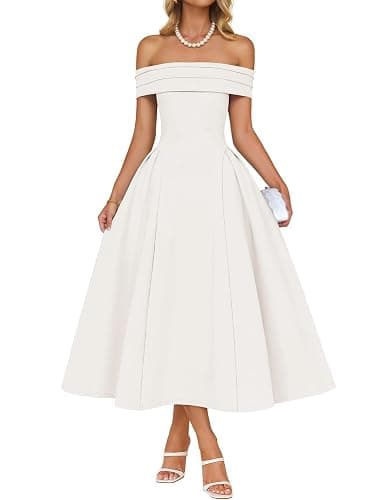 ZESICA Summer 2026 Cocktail Dresses for Women's Off Shoulder Short Sleeve Swing A Line Wedding Evening Party Midi Dress - Image 1