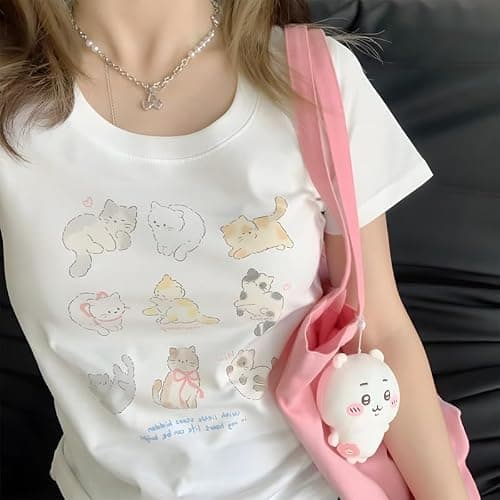 RILGOU Harajuku Kawaii Goth Casual Loose Style Soft Short Sleeve Crewneck Cute Cartoon Cats Shop Print T-Shirt thumbnail 6