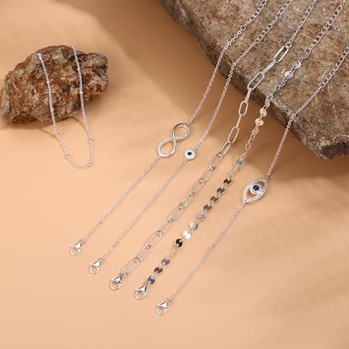 MILACOLATO 925 Sterling Silver Clasp Paperclip Chain Bracelets 14K White Gold Plated Solid Paperclip Chain Women Bracelet Adjustable Layered Satellite Beads Bracelets for Women thumbnail 6