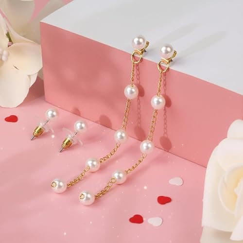 Trinckle Pearl Earrings for Women, Gold Pearl Drop Floral Earrings for Grils Boho Silver Dangle Earring, White Bridal Dangling Earings for Wedding Graduation, Bow Prom Jewelry Bridesmaid Accessories thumbnail 4