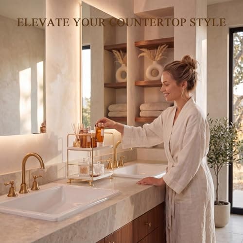 FSyueyun 2-Tier Bathroom Counter Organizer, Tool-Less Vanity Organizer for Skincare, Premium Plastic Bathroom Organizer Tray for Perfume & Cosmetics, （White & Gold） thumbnail 5