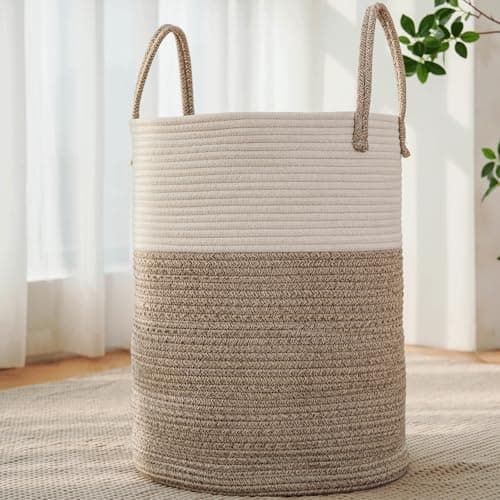 JMvicyroam Large Woven Laundry Basket Hamper,80L Cotton Rope Storage Bin for Blankets,Toys and Clothes,Decorative Tall Nursery Hamper for Living Room,Baby Nursery,Bathroom and Bedroom,Brown - Image 1