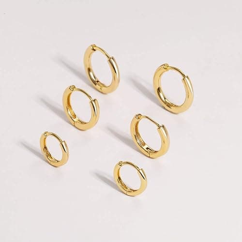 3 Pairs 14K Gold Plated Huggie Hoop Earrings for Women, Minimalist Gold Huggie Hoop Earrings, Simple 3 sizes Hoop Earrings for Women Men gift,gold silver rose gold and black - Gold thumbnail 4