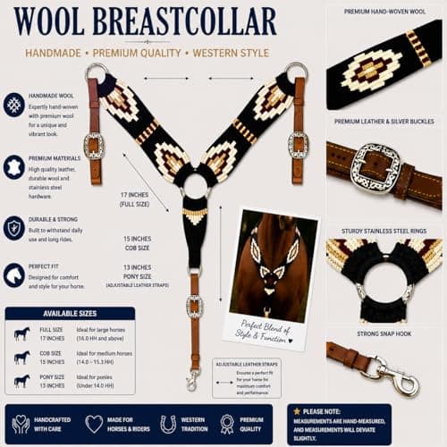 Cheval's International Breast Collar for Horses Western Premium Wool and Leather Handmade Comfortable Equestrian Tack, Durable Equine Supplies - Black Cob thumbnail 2