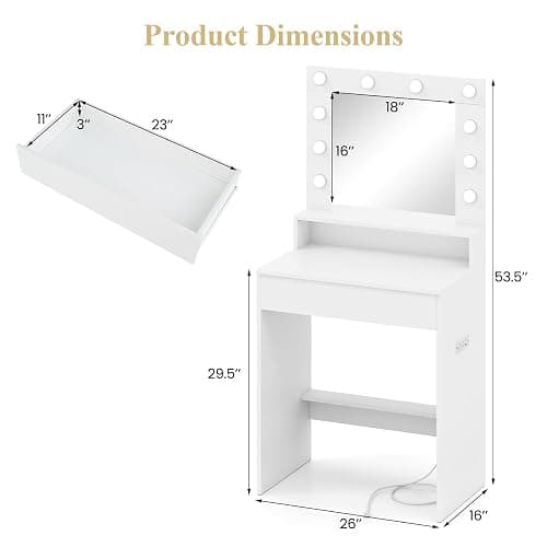 LOKO Vanity Desk with Mirror & Lights, White Dressing Table with 3 Lighting Modes & Adjustable Brightness, Open Shelves & Large Drawer, Built-in Charging Station, Compact Makeup Vanity for Small Space thumbnail 2