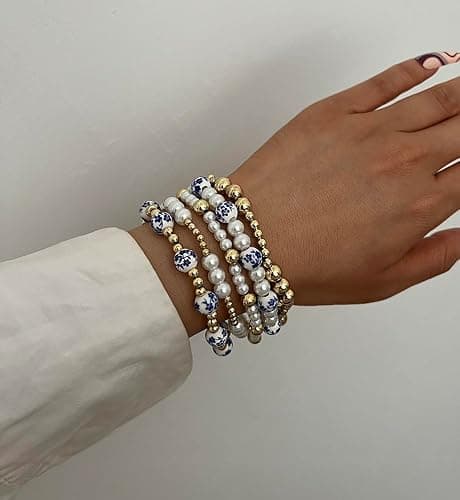 Gold Beaded Bracelets for Women, 14K Real Gold Plated Jewelry for Women Dainty Pearl Bead Bracelets Stack, Non Tarnish Trendy Stackable Ball Cross Stretch Bracelet Set Fashion Accessories Gifts thumbnail 2