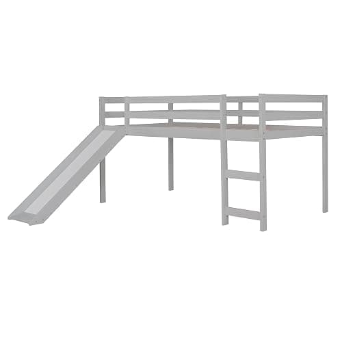 Harper & Bright Designs Twin Size Loft Bed Frame with Slide for Kids, Solid Wood Low Loft Bed with Guardrail and Ladders, Multifunctional Design, Gray thumbnail 9