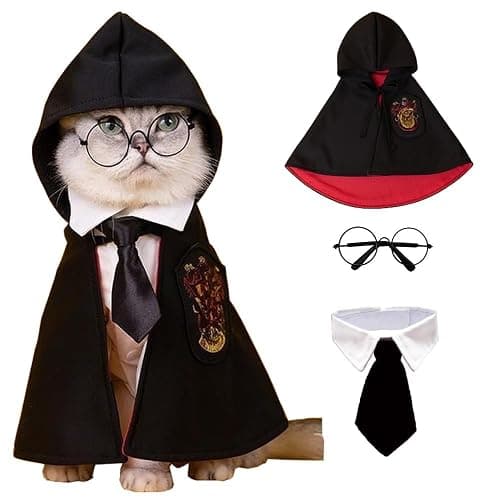 ANIAC 3PCS Halloween Dog Costume Cat Wizard Cape Glasses and Necktie Set Halloween Puppy Outfit Pet Academy Academy Magician Cosplay Apparel for Kitten Cat Small Dogs (Black+Red, Medium) - Image 1