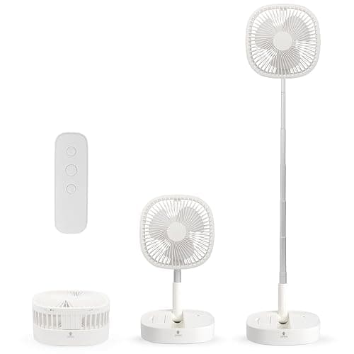 Magesh Portable Pedestal Fan - Foldaway Standing Fan Foldable Desk Fan, Use 7200Mah Rechargeable Battery, Remote Control Telescopic 4 Speed Quiet Timer Fan for Home Kitchen Outdoor Camping (White) - Image 1