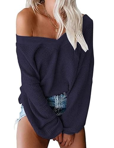 Tobrief Women's V Neck Long Sleeve Waffle Knit Tops Off Shoulder Oversized Pullover Sweater - Image 1