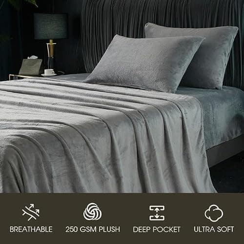 Sheets Queen, Extra Deep Pocket Sheet Set Up to 24" Inches,250 GSM Velvet Plush Fleece Sheets Warm No Slip Bed Sheet Sets Grey thumbnail 5