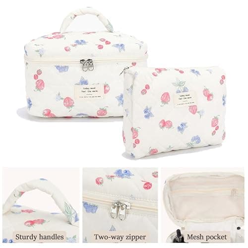 Quilted Makeup Bag Set 3 Pcs Cute Strawberry Makeup Bags For Women Large Aesthetic Floral Cosmetic Bag Coquette Cotton Makeup Pouch thumbnail 3