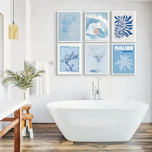 QIYFFBN 6Pcs Blue Coastal Surf Cowgirl Wall Art Vintage Flower Market Canvas Prints Girly Dorm Trendy Preppy Aesthetic Posters Light Blue Cocktail Glass Pictures Wall Decor Unframed (12x16in x6Pcs) - blue - 12x16in Unframed thumbnail 6