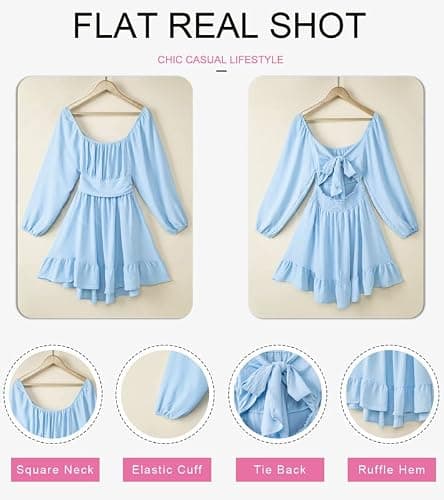 Dokotoo Womens Dress Long Lantern Sleeve Square Neck Tie Backless Sexy Dress Ruffle Elastic Waist A-Line Mini Dress thumbnail 5