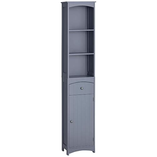 💜HOMCOM Bathroom Storage Cabinet, Free Standing Bathroom Storage Unit, Tall Linen Tower with 3-Tier Shelves and Drawer, Grey - Image 1