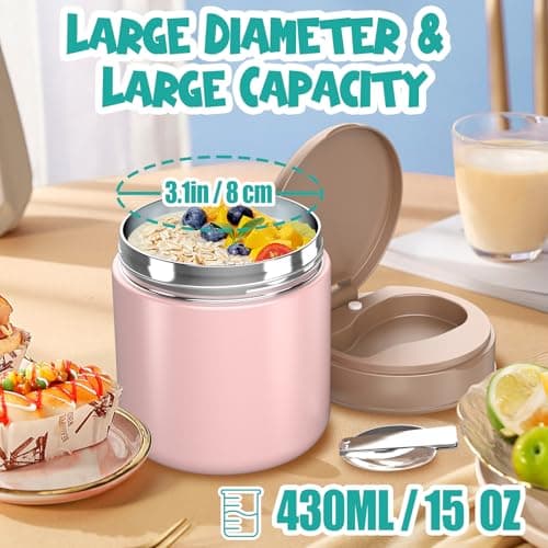 Thermo for Hot Food Kids - 15.2oz, Leak Proof Insulated Food Jar, Soup Thermo, Insulated Lunch Containers, Termos Para Comida Caliente, Wide Mouth Lunch Box with Folding Spoon and Handle thumbnail 2